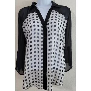 Maurices Black White Checker Sheer Button Up Top Medium 3/4 Roll Tab Sleeves
